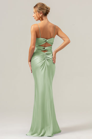 Tirantes de espagueti de sirena hueco en la parte delantera de torsión Salvia Polvorienta vestido de dama de honor